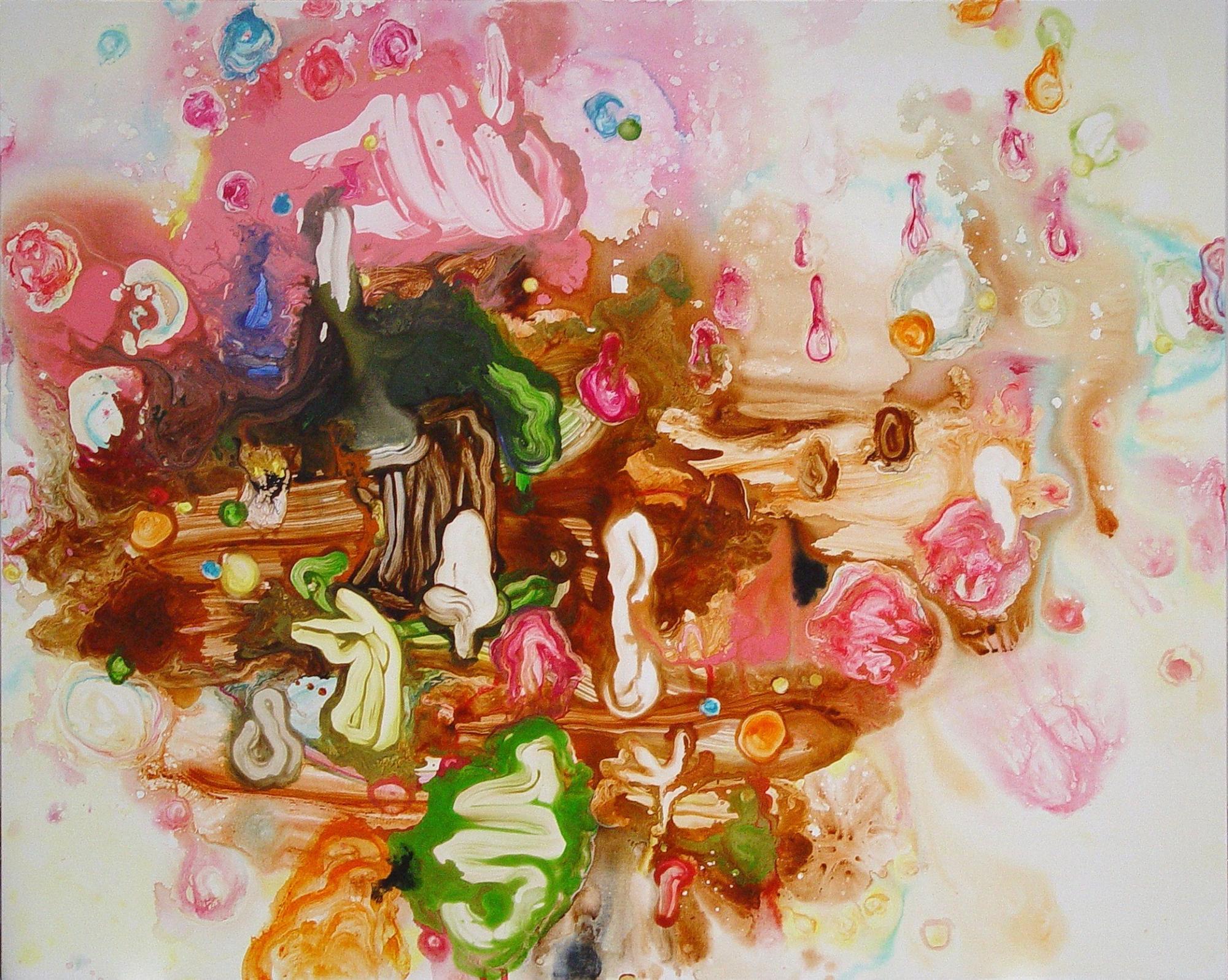 Abstract schilderij met vloeiende vormen en kleuren in roze, bruin, groen en oranje, die organische structuren oproepen.