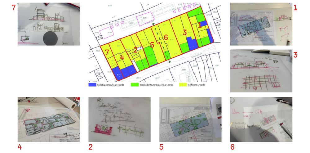 Een plattegrond van een bouwblok in het centrum van Heerlen, verdeeld in zeven genummerde zones met verschillende kleuren. Rondom staan foto's van handgetekende schetsen en ideeën van de studenten.