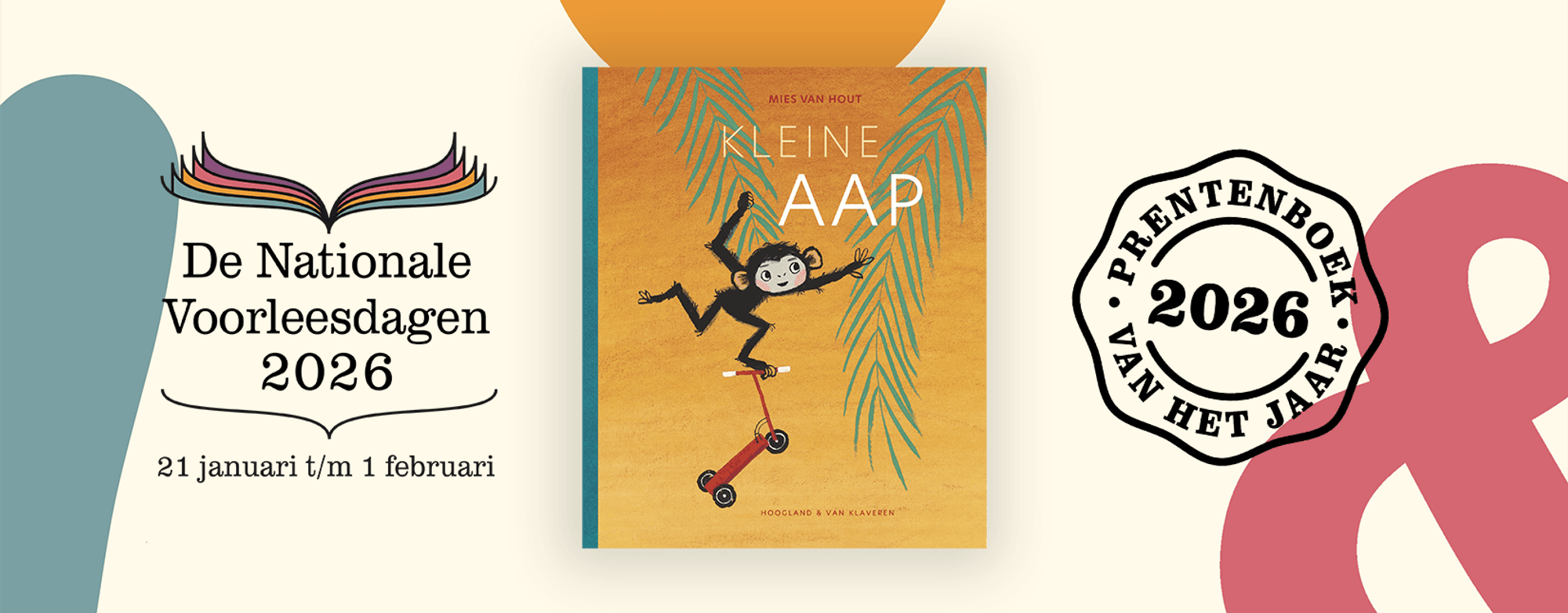 Promotieafbeelding voor De Nationale Voorleesdagen 2026 met het prentenboek ‘Kleine Aap’ van Mies van Hout, inclusief datum 21 januari t/m 1 februari en het label ‘Prentenboek van het Jaar 2026’.