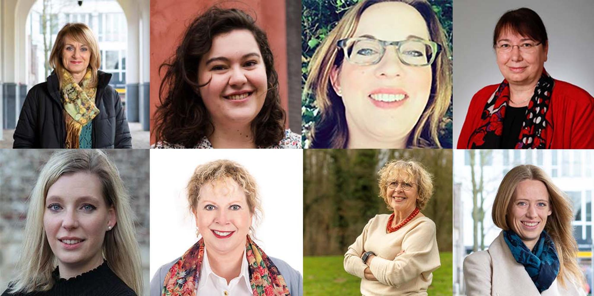 Acht portretfoto's in kleur van verschillende vrouwen die in rijen van 4 gepresenteerd staan. 