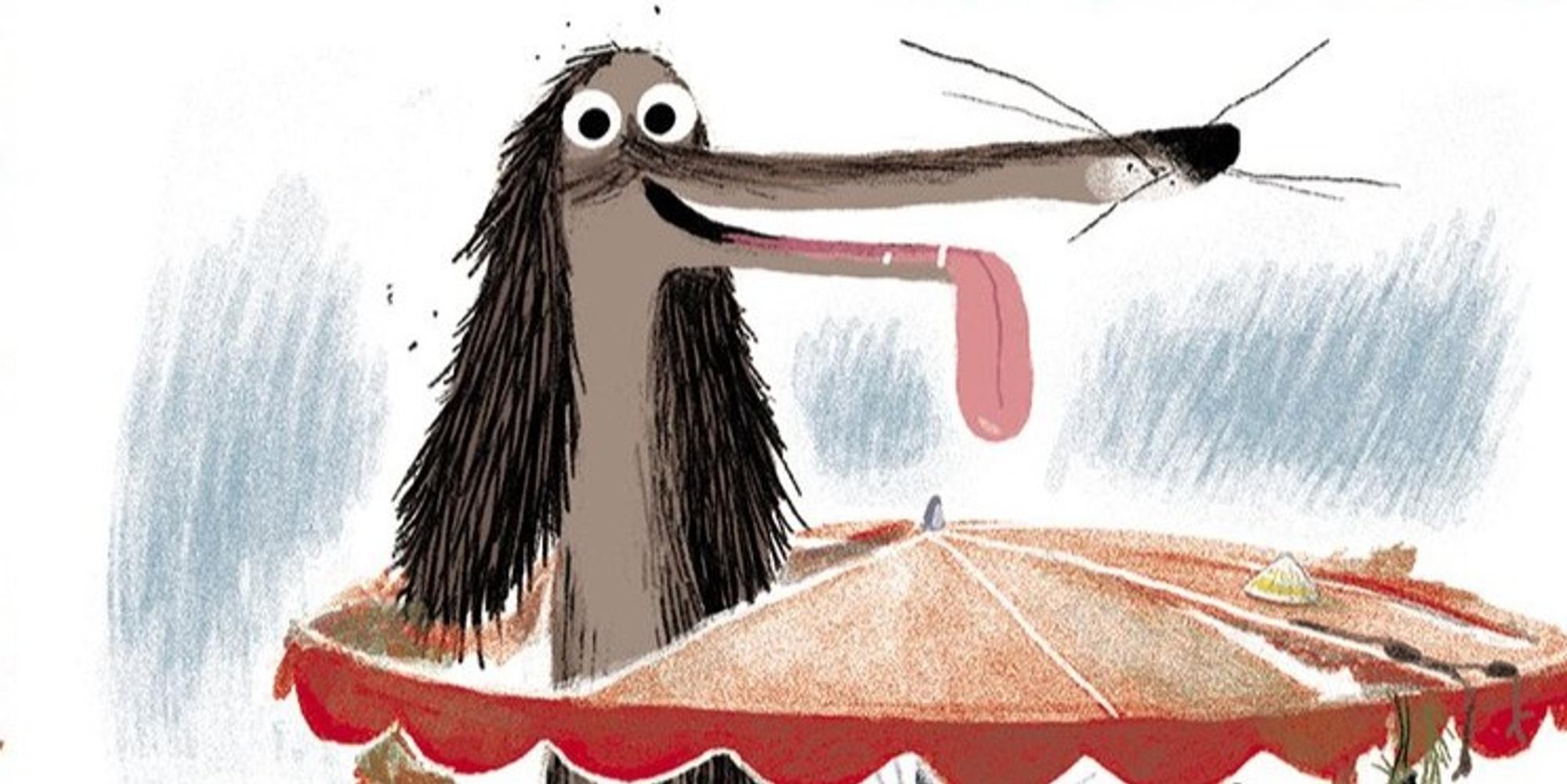 Getekende hond met lange snuit, grote ogen en een slungelig lijf, die met zijn kop boven een rood en beige circusachtig podium uitsteekt. De hond kijkt vrolijk en heeft zijn lange tong uit zijn mond hangen. De achtergrond bestaat uit losse, blauwe krijtstrepen.