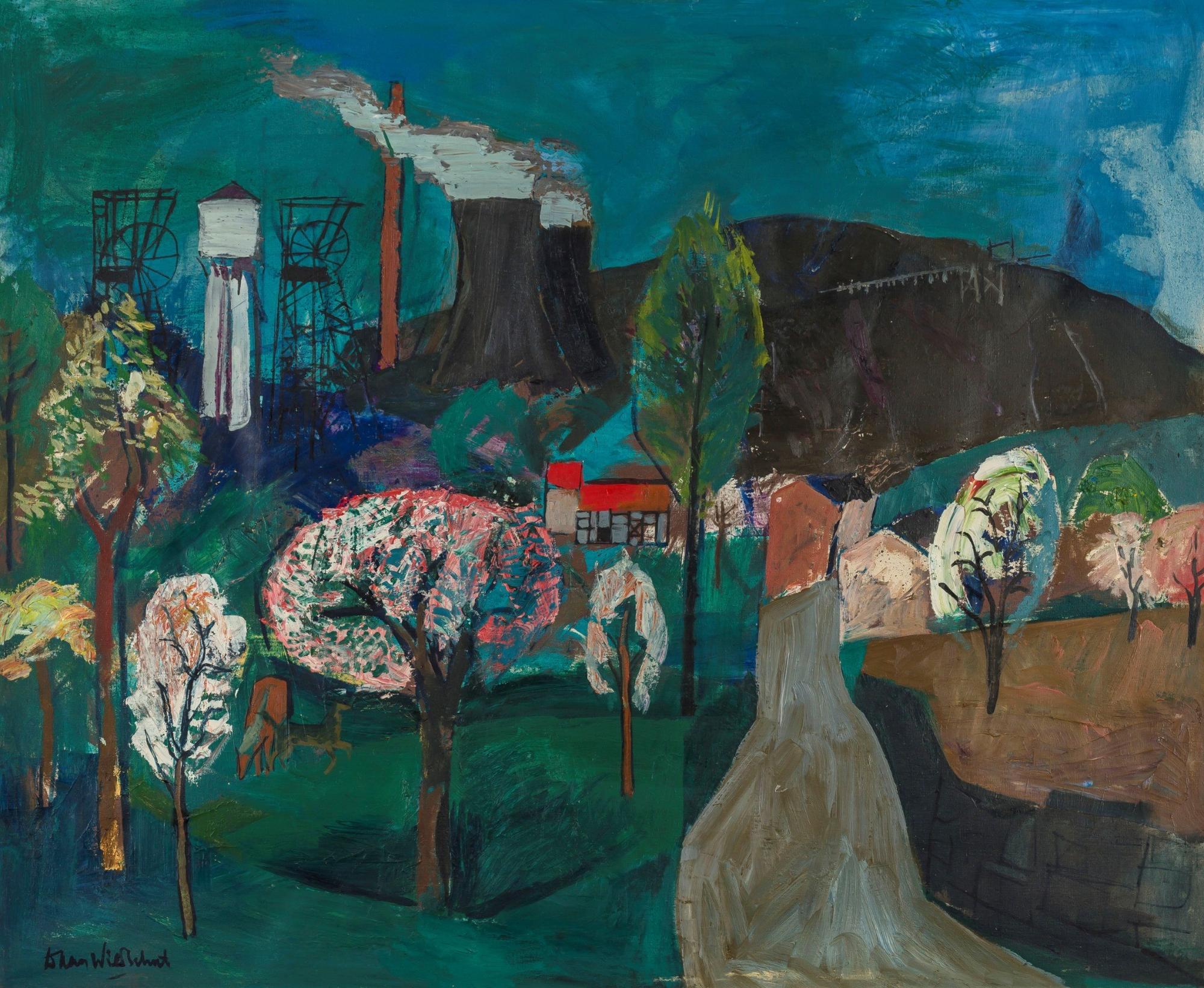 Schilderij van een lentelandschap met bloeiende bomen, huizen met rode daken en op de achtergrond mijnschachten en rokende fabrieken.