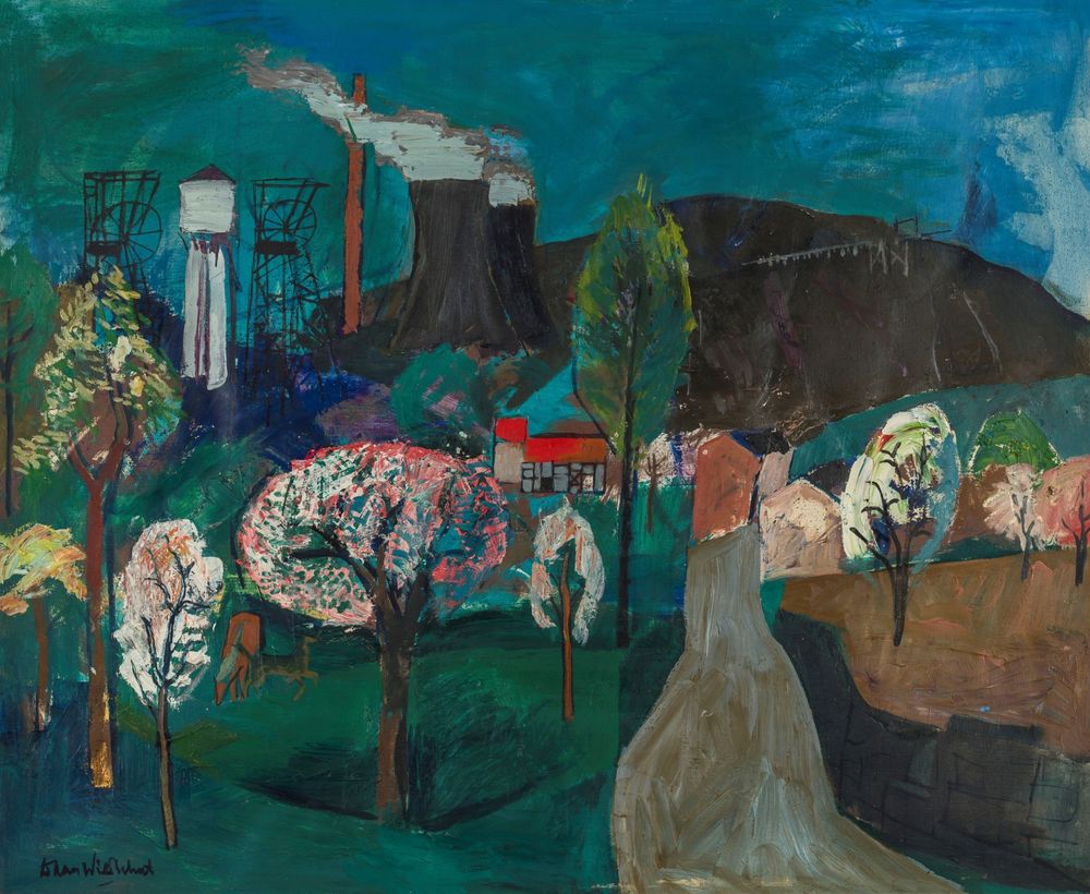 Schilderij van een lentelandschap met bloeiende bomen, huizen met rode daken en op de achtergrond mijnschachten en rokende fabrieken.
