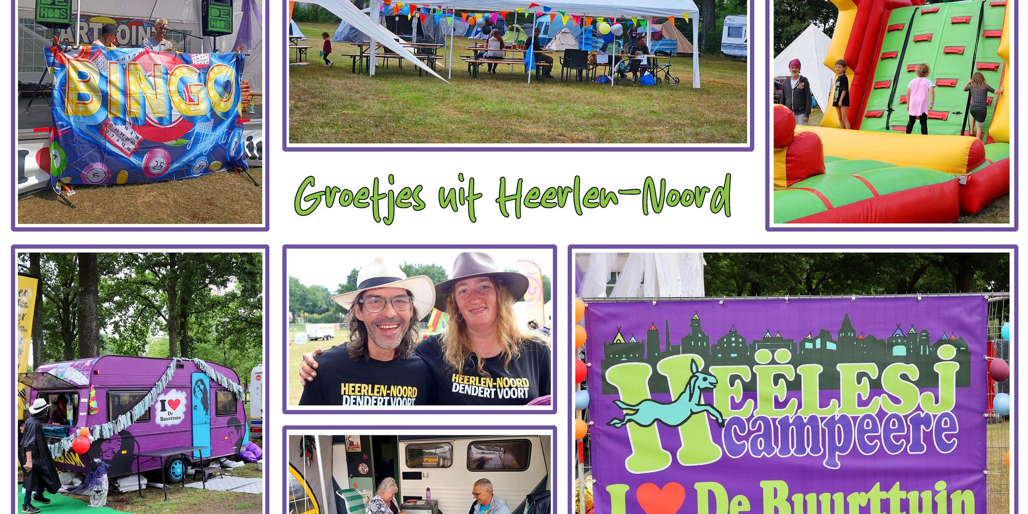 Collage van buurtactiviteiten in Heerlen-Noord, met bingo, spelende kinderen op springkussens, een kleurrijke campinghoek en mensen die elkaar ontmoeten. In het midden staat de tekst “Groetjes uit Heerlen-Noord”, omringd door foto’s van een gezellige wijkdag.