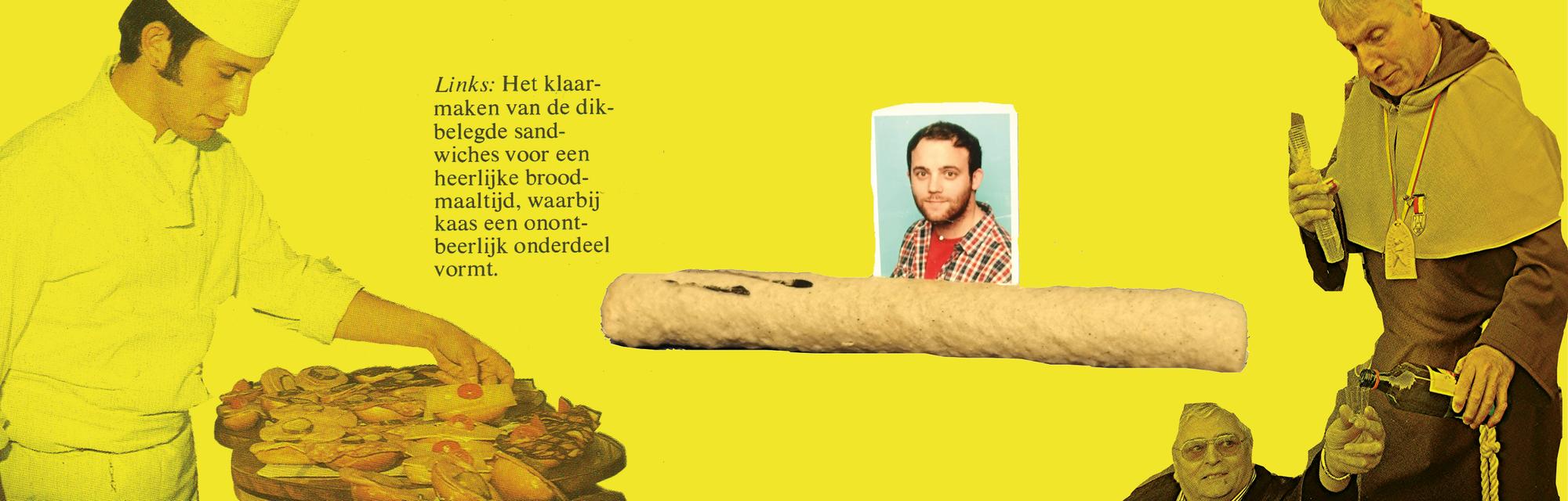 Collage met felgele achtergrond: links een kok die belegde broodjes maakt, in het midden een pasfoto van een man op een rol deeg geplakt, rechts twee mannen, waarvan één verkleed als monnik, bezig met het openen van een fles.