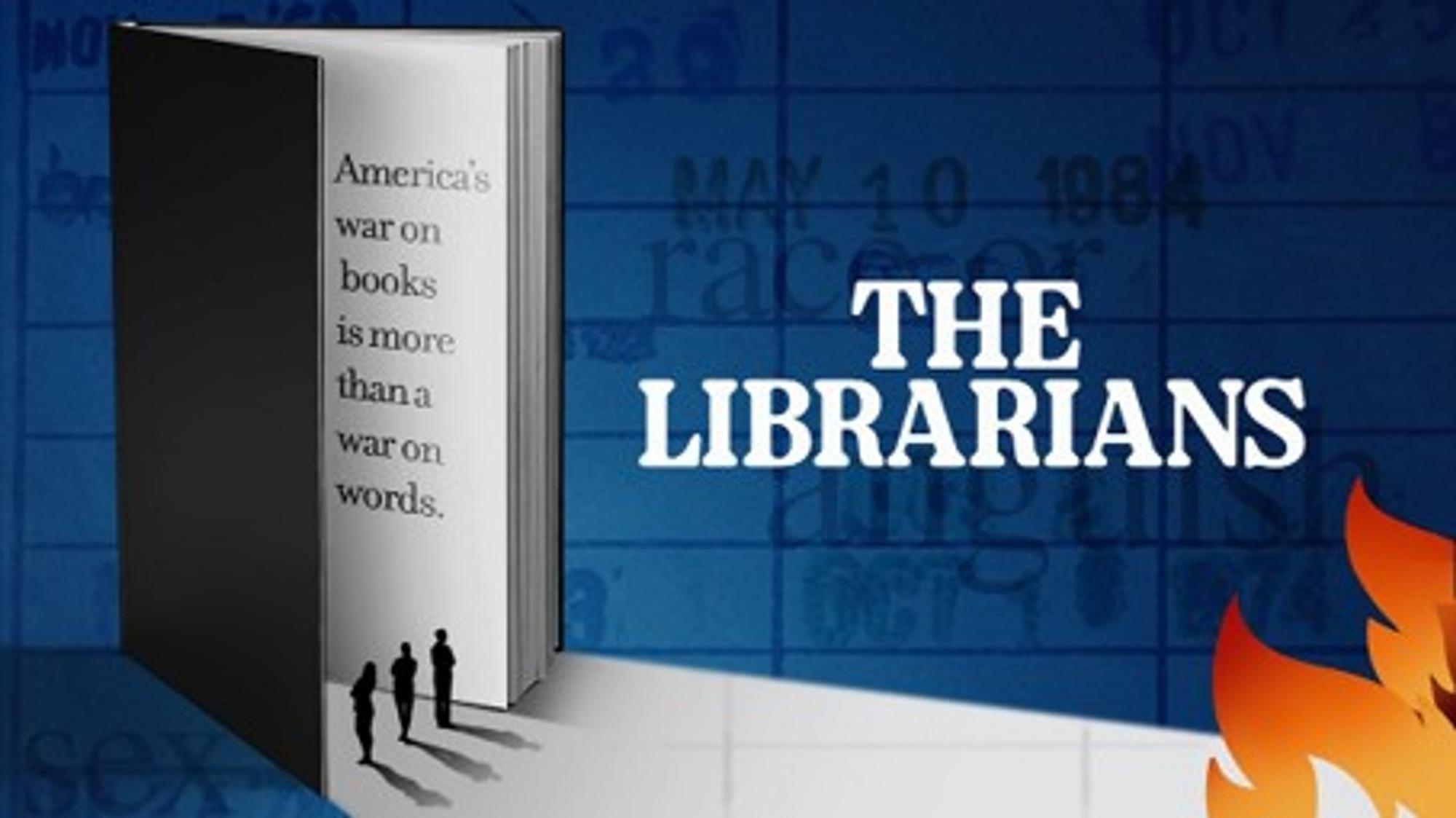 Filmstill van The Librarians met een groot boek, drie silhouetten en de filmtitel op een blauwe achtergrond.