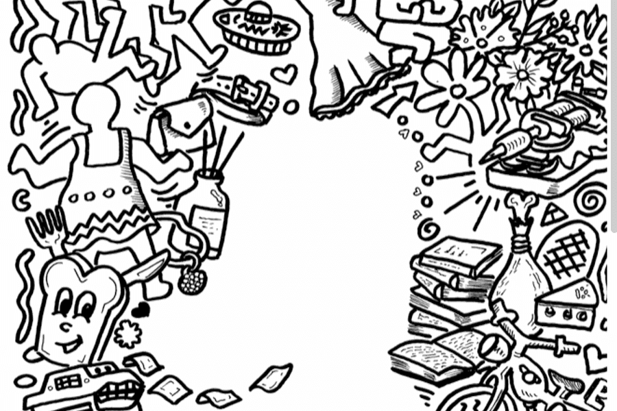 Zwart-witte kleurplaat met een collage van tekeningen in Keith Haring-stijl, rondom een leeg silhouet in het midden. Onderaan staat een lintvormig vakje met “NAAM:” en “LEEFTIJD:” om in te vullen.