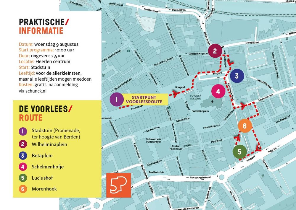 Plattegrond met markeringen van de voorleesroute door Heerlen centrum. 