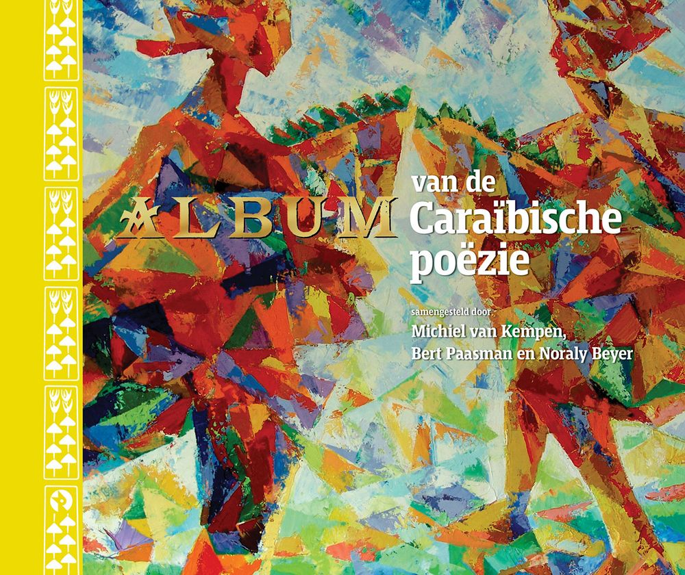 Boekomslag 'Album van de Caraïbische poëzie': kleurrijke abstracte illustratie met twee dansende figuren in warme tinten, titel in witte letters centraal.