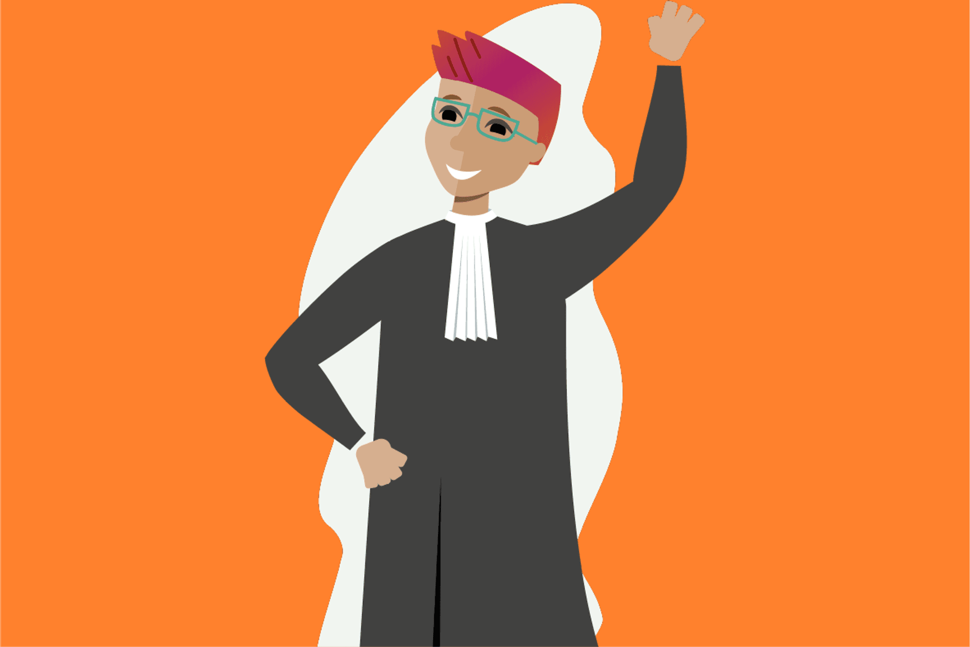De afbeelding toont een vrolijke, getekende figuur met felroze haar en een bril, gekleed in een zwarte toga met witte bef, die met één arm omhoog zwaait tegen een oranje achtergrond.