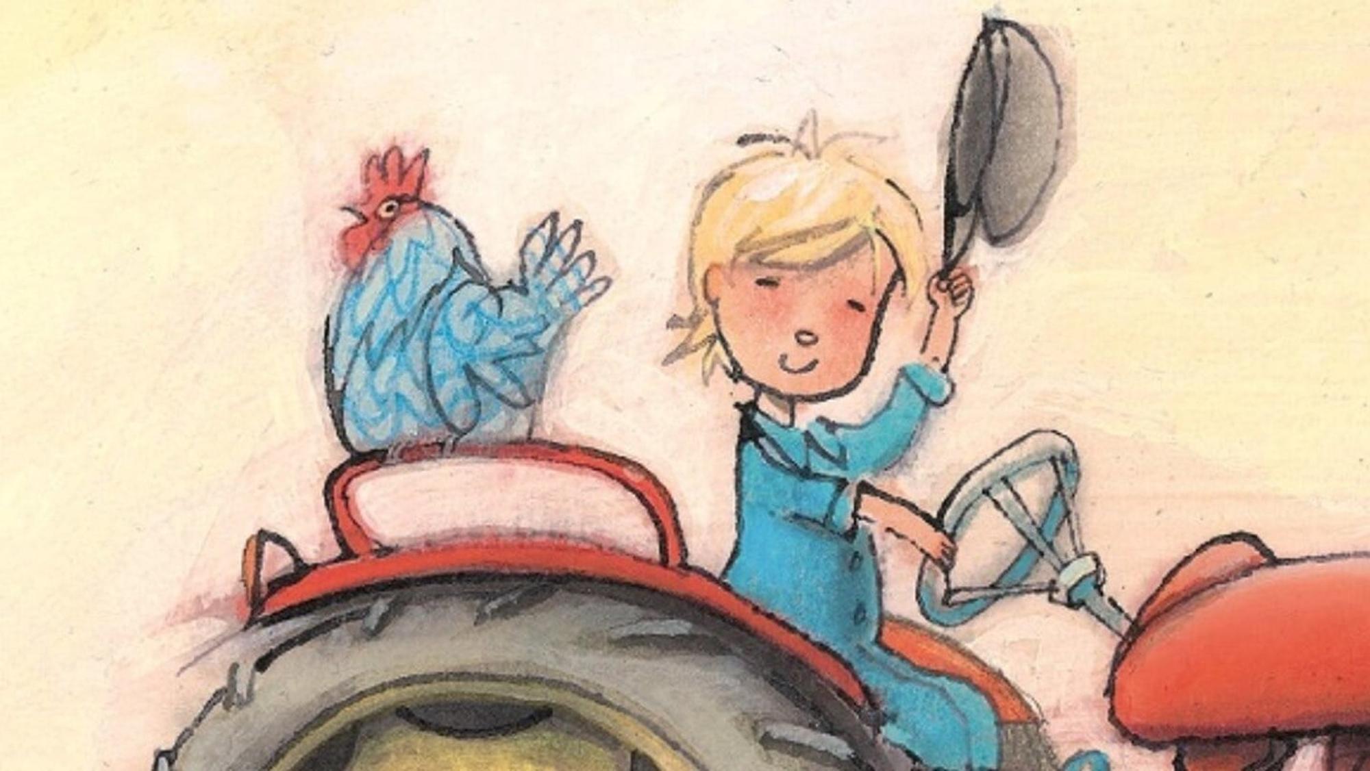 Illustratie van een figuur op een tractor samen met een kip, waarbij de figuur zijn pet omhoog houdt als begroeting.