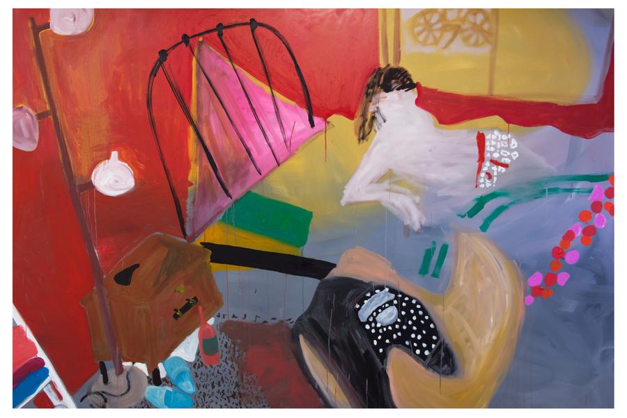 Schilderij van Tanja Ritterbex met een liggende vrouwelijke figuur in een kleurrijke, schetsmatige interieurachtige omgeving.