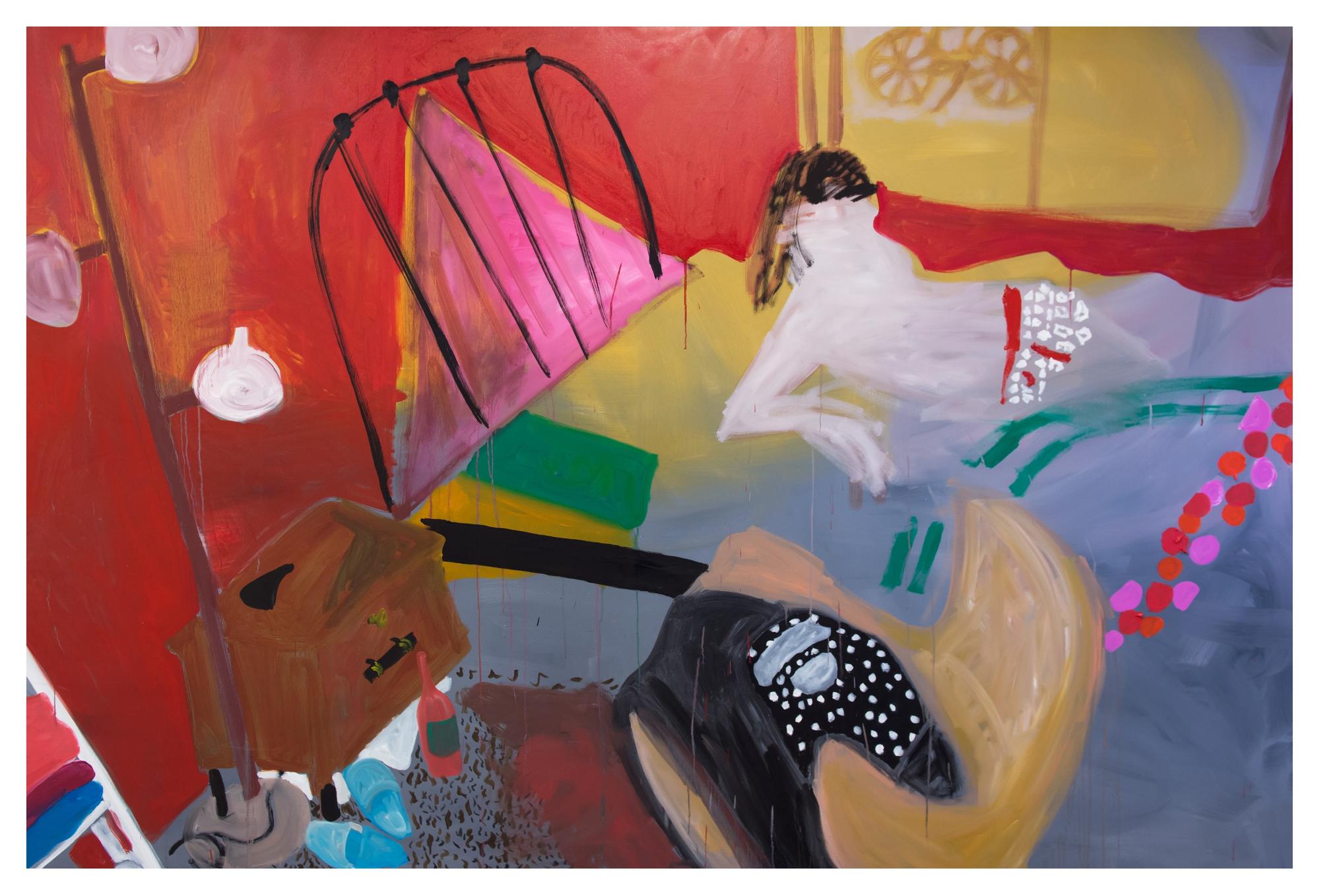 Schilderij van Tanja Ritterbex met een liggende vrouwelijke figuur in een kleurrijke, schetsmatige interieurachtige omgeving.