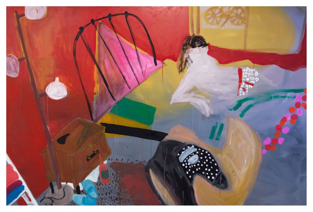 Schilderij van Tanja Ritterbex met een liggende vrouwelijke figuur in een kleurrijke, schetsmatige interieurachtige omgeving.