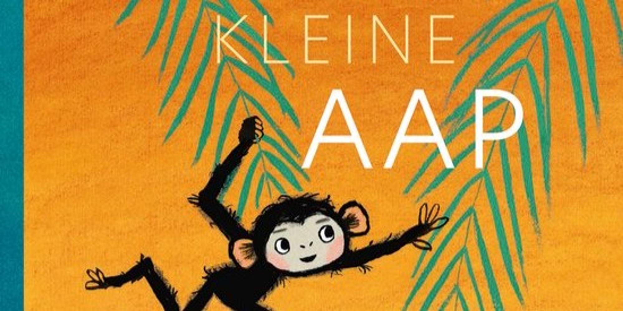 Illustratie van een kleine aap tegen een oranje achtergrond met groene bladeren en de tekst 'Kleine Aap'.