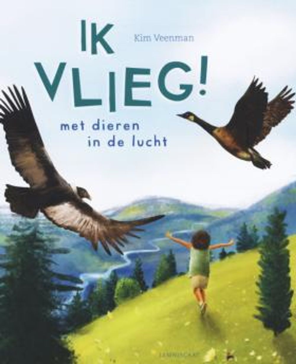 Kind rent op heuvel met vogels in de lucht.
