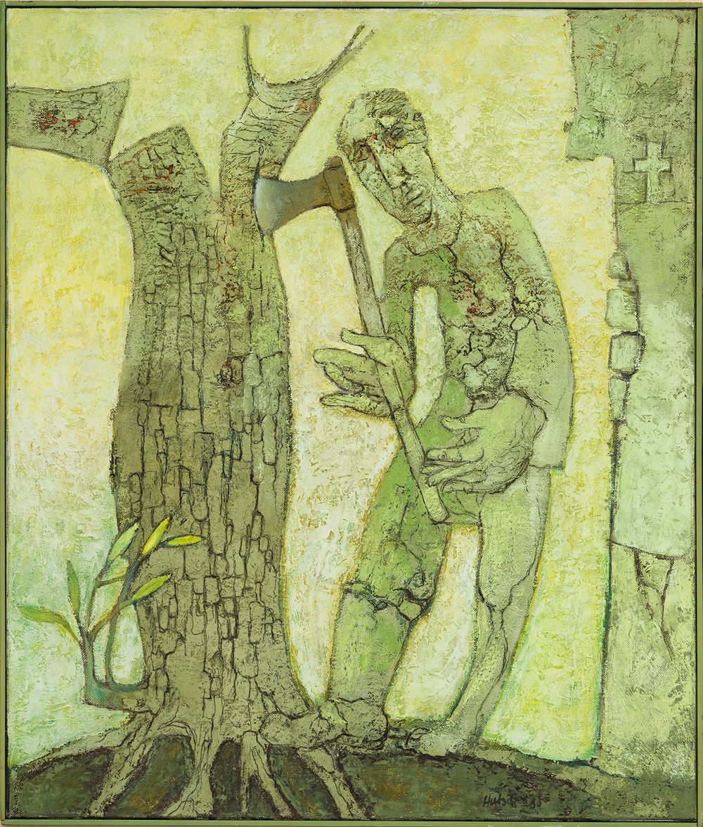 Schilderij van Sjef Hutschemakers met een man die met een bijl tegen een boom leunt; de figuur en boom hebben een gebarsten, bijna versteende textuur in groentinten, tegen een lichtgele achtergrond.
