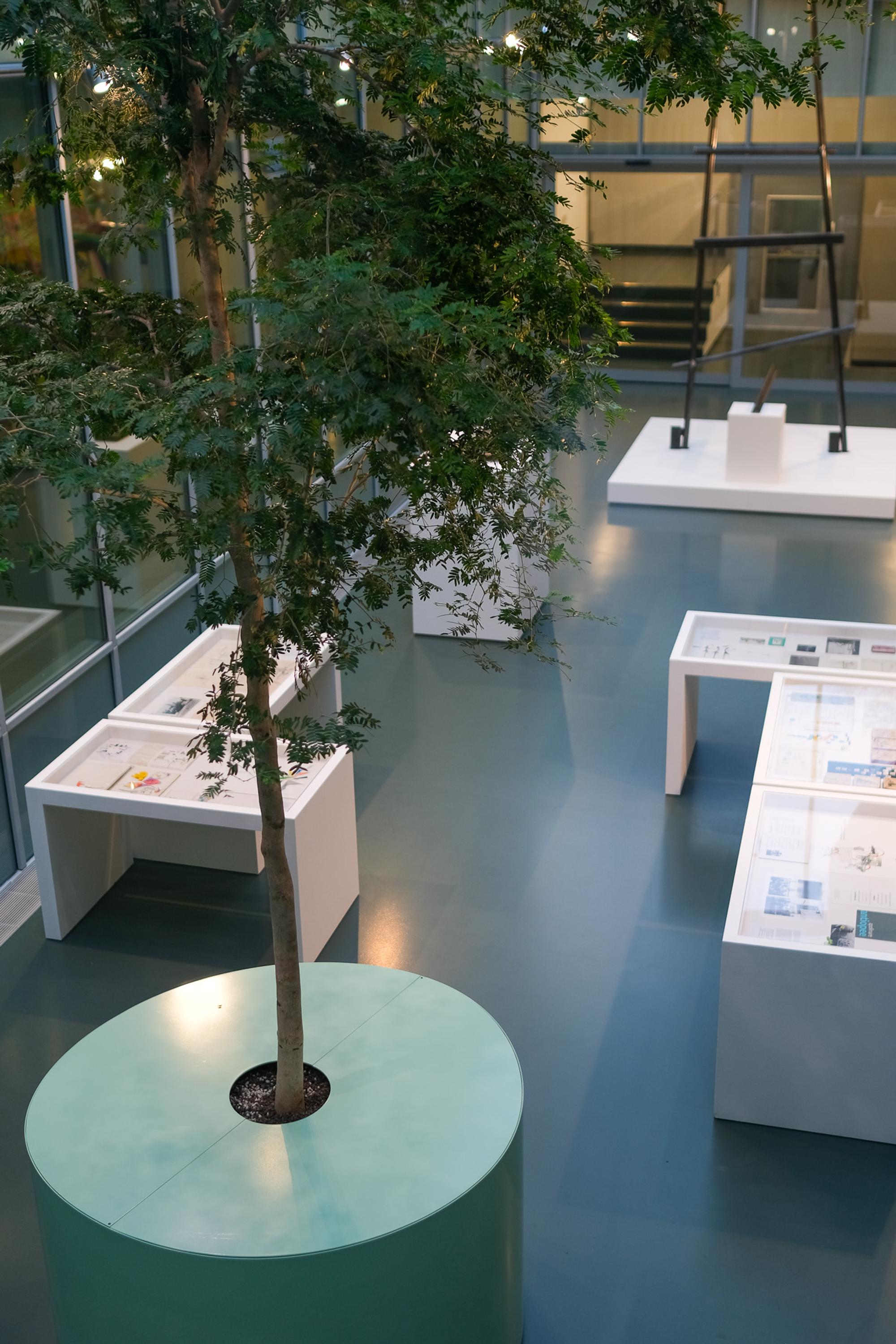 Uitzicht vanuit een hogere positie in het atrium, met een boom op de voorgrond en een ijzeren sculptuur in de achtergrond.