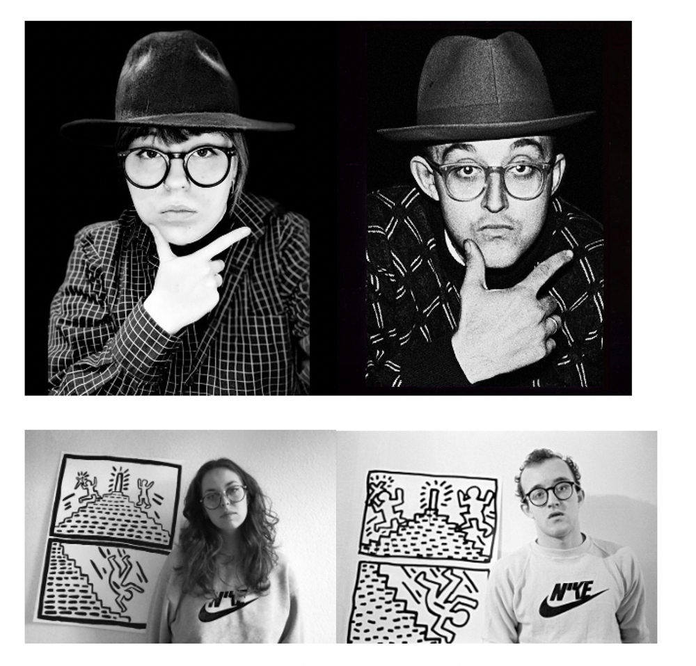 Twee zwart-wit fotoparen waarin jongeren iconische foto's van kunstenaar Keith Haring naspelen, compleet met bril, hoed en kenmerkende achtergrond met zijn kunst.