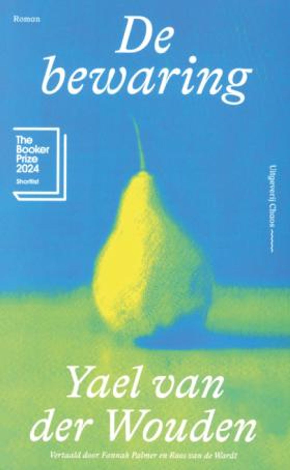 Boekomslag van De bewaring van Yael van der Wouden. Op een blauwgroene achtergrond staat een gele peer centraal, met de titel bovenaan en de auteursnaam onderaan in witte letters.