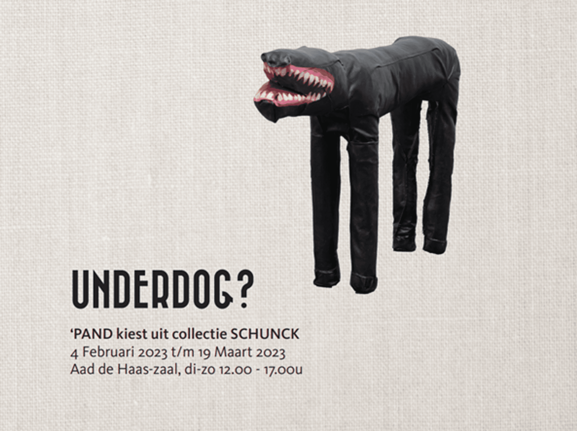 Aankondiging 'Underdog?' wit vlak met sculbtuur, titel, data en locatie. 