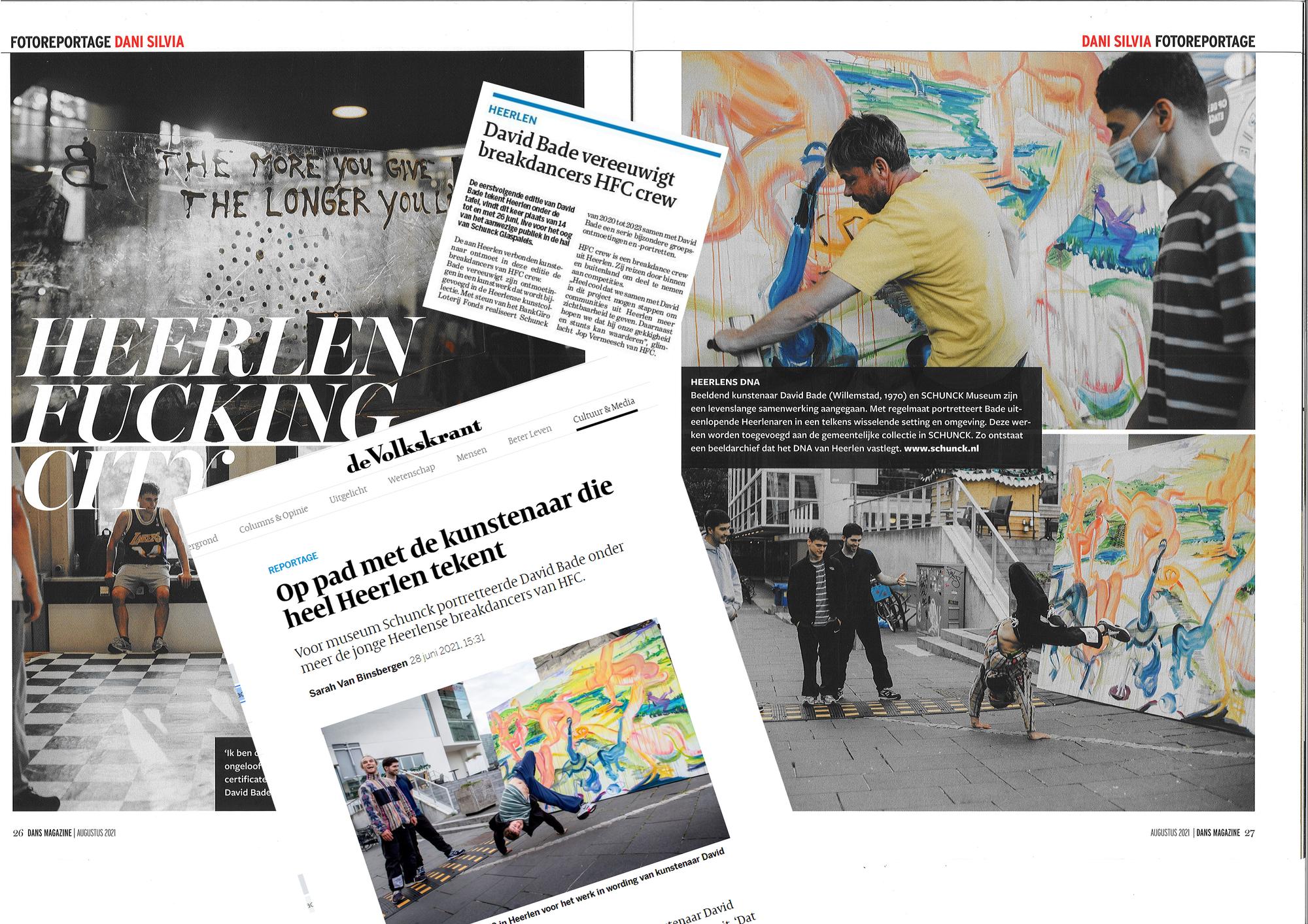Collage van krantenartikelen en foto’s over kunstenaar David Bade en zijn samenwerking met SCHUNCK in Heerlen, met beelden van muurschilderingen, breakdancers, portretten en headlines zoals “Heerlen Fucking City” en “Op pad met de kunstenaar die heel Heerlen tekent.”