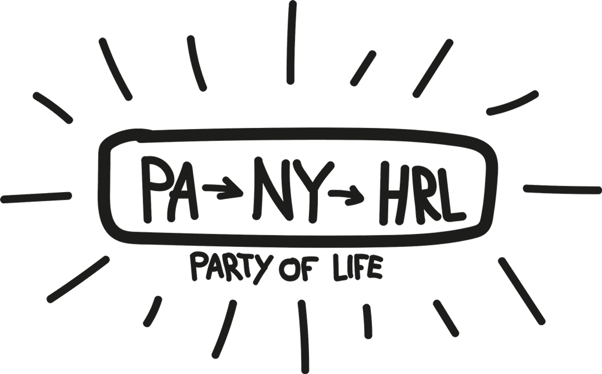 Aankondiging Party of Life, zwartwit illustratie met titel 'Pa Ny Hrl Party of Life' geïnspireerd op stijl en het werk van Keith Haring.