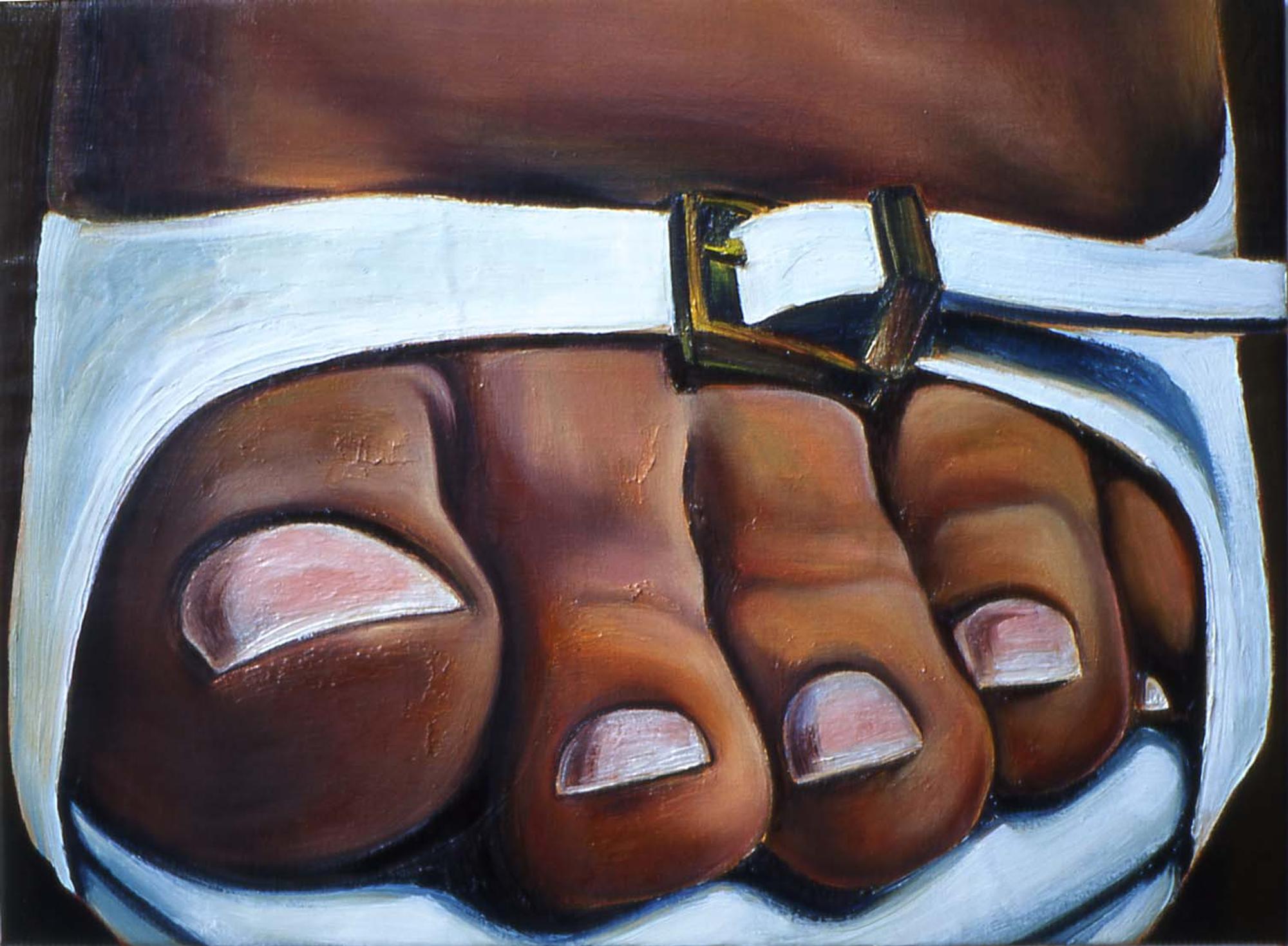 Schilderij Tragiek van tenen (2002) van Ina van Zyl met close-up van tenen in een sandaal, geschilderd in olieverf.