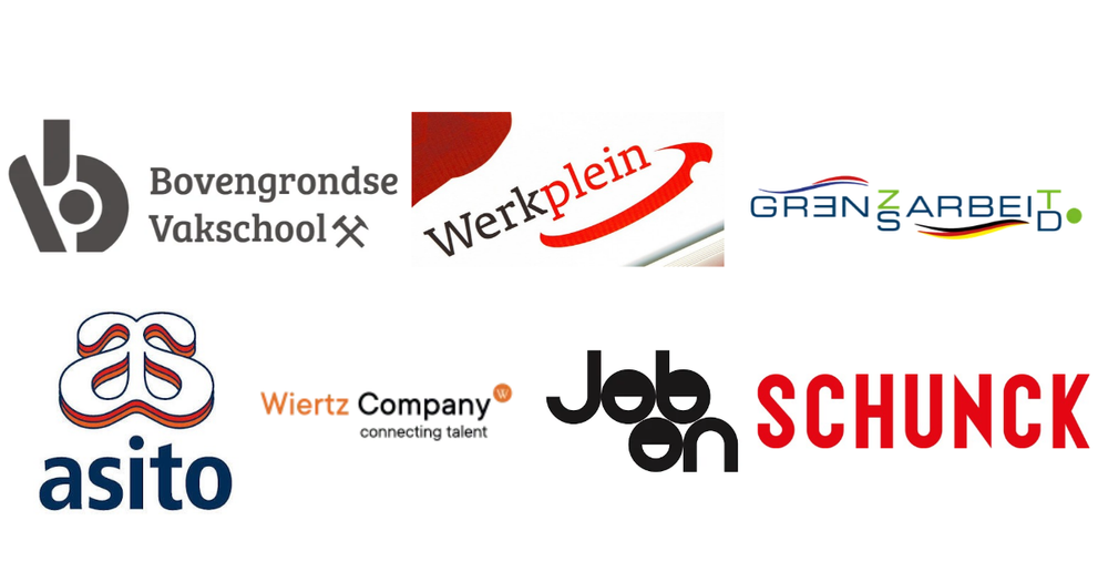 Logo-overzicht van de deelnemende organisaties aan het Infoplein, waaronder Bovengrondse Vakschool, Werkplein, Grensarbeid, Asito, Wiertz Company, JobOn en SCHUNCK. De logo's zijn geplaatst op een witte achtergrond.