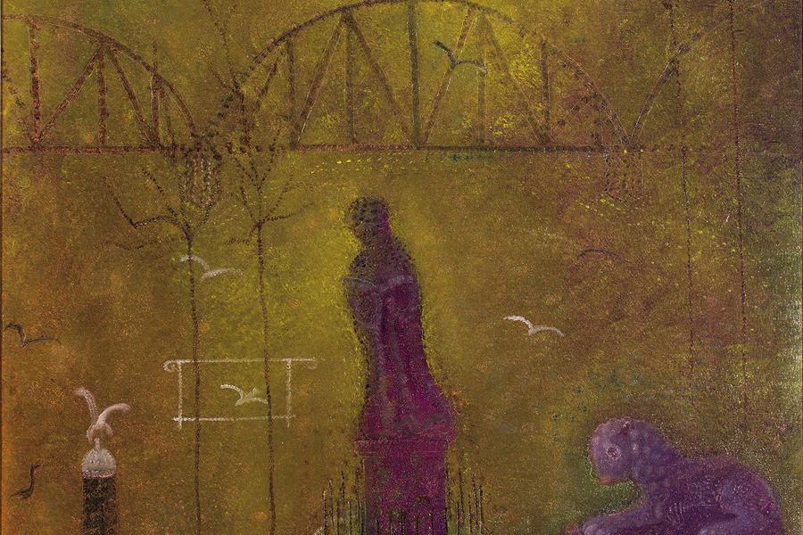 Schilderij met een paarse figuur en een liggend dier in een dromerig landschap met brug, bomen en vogels.