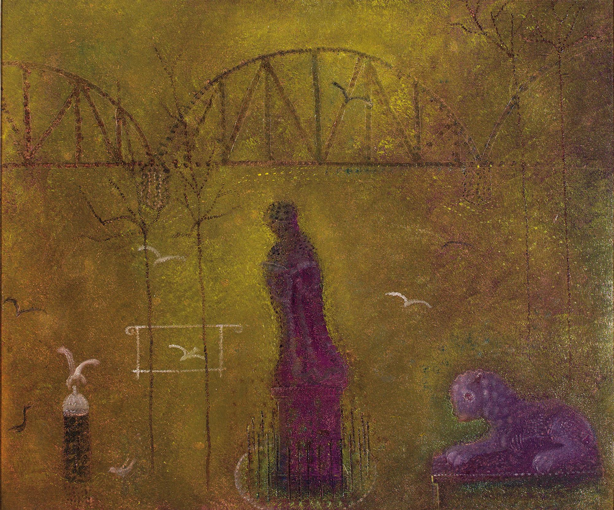 Schilderij met een paarse figuur en een liggend dier in een dromerig landschap met brug, bomen en vogels.
