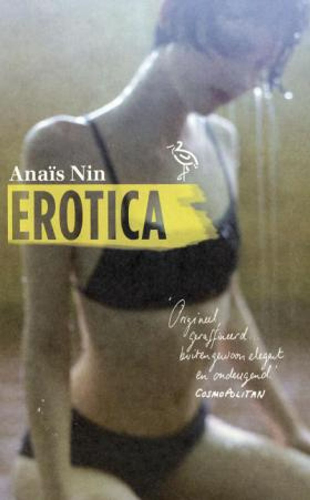Boekomslag van Erotica van Anaïs Nin. Op de cover staat een onscherpe foto van een persoon in zwart ondergoed, met de titel in grote gele letters op de voorgrond.