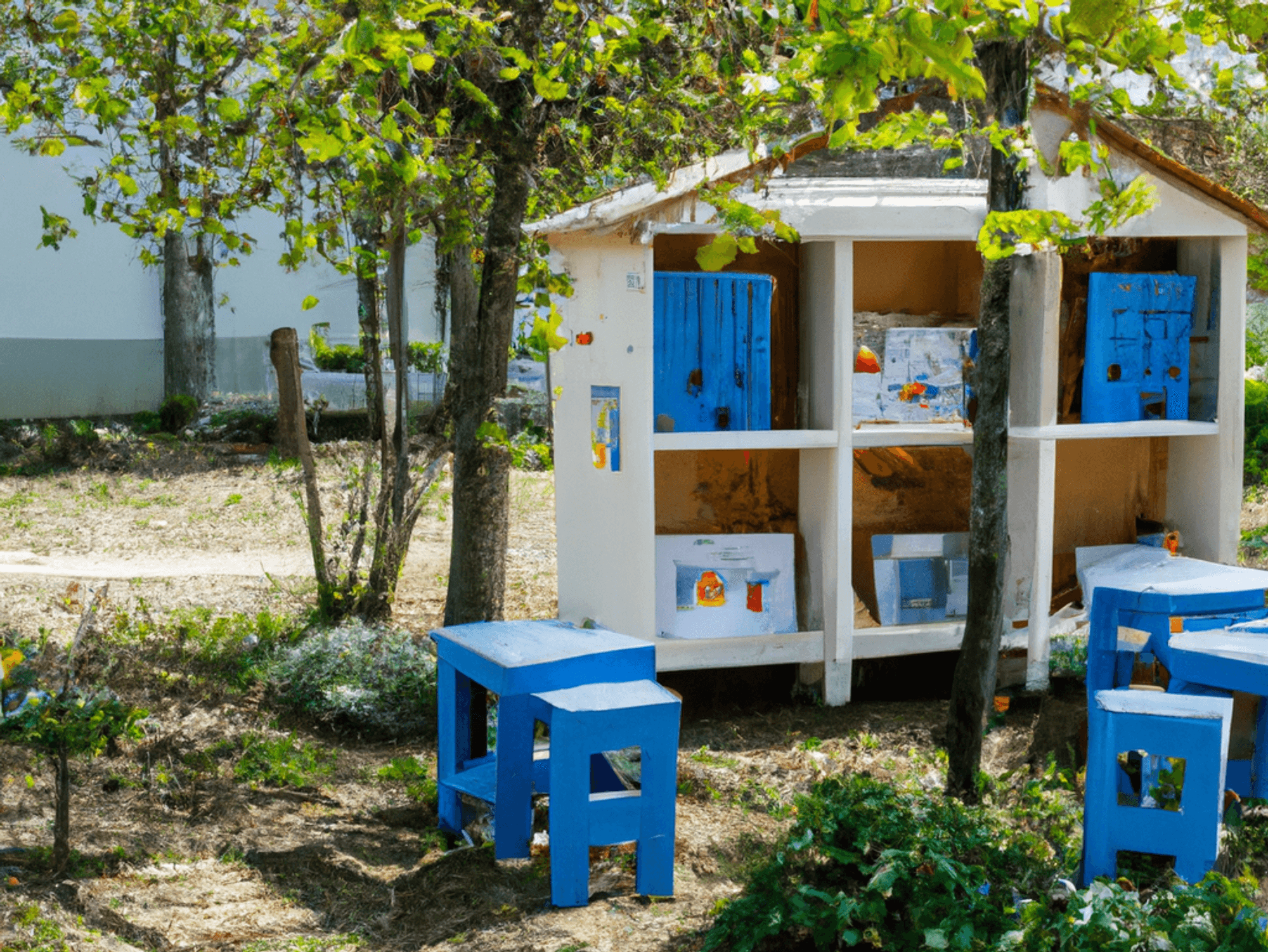 Poppen huis in een tuin tussen bomen met blauwe krukjes.