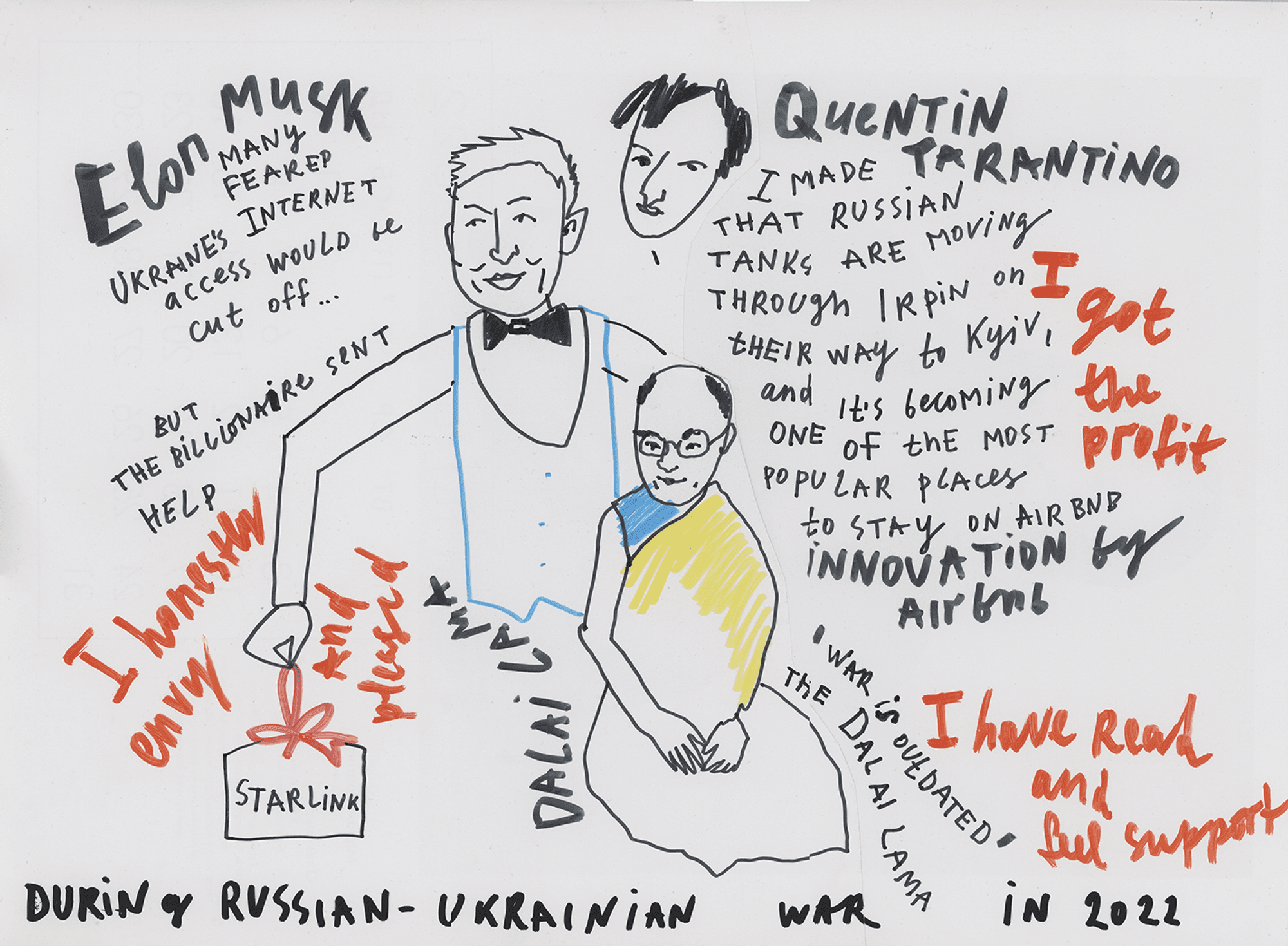 Kleurrijke tekening van Elon Musk, Quentin Tarantino en de Dalai Lama, omringd door teksten over de Russische inval in Oekraïne. Er worden verwijzingen gemaakt naar Starlink, Airbnb-innovatie en uitspraken over oorlog en vrede.