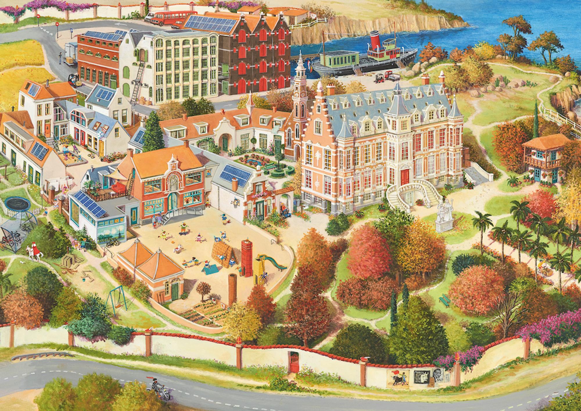 Een kleurrijk stadje aan zee met een statig gebouw, een speeltuin vol kinderen en huizen met zonnepanelen, omringd door herfstige bomen.