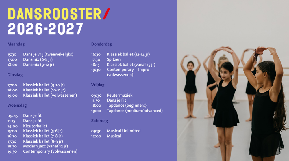 Overzicht van het dansrooster 2026-2027 bij SCHUNCK. Rechts is een afbeelding van dansende kinderen te zien. 