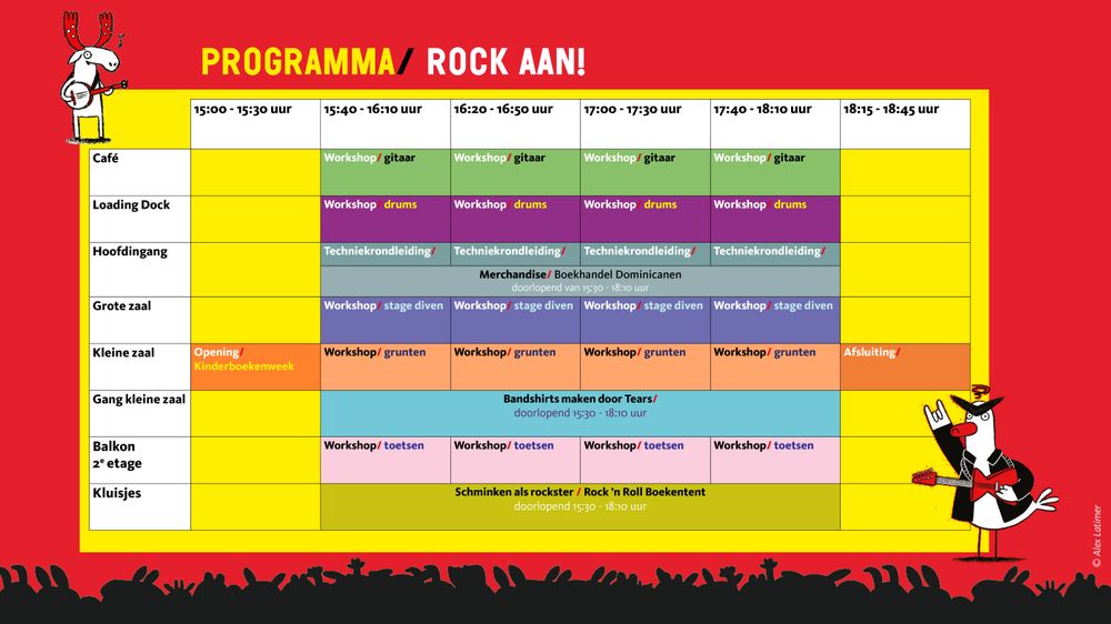 Programmaoverzicht van het evenement Rock Aan! in Nieuwe Nor, met een tijdschema van 15.00 tot 18.45 uur en verschillende workshops zoals gitaar, drums, toetsen, grunten, stage diven en een techniekrondleiding. Het kleurrijke schema toont ook de opening van de Kinderboekenweek, doorlopende activiteiten en een afsluitende act.