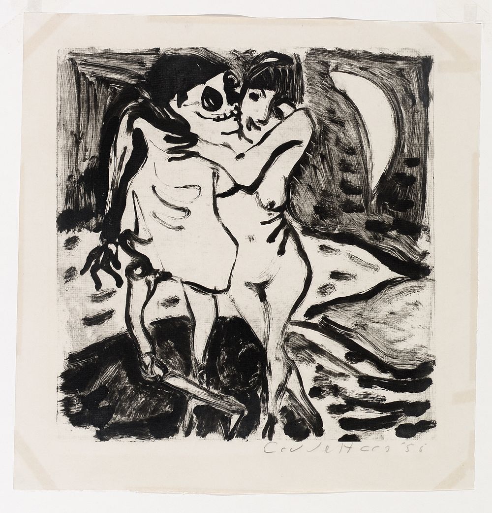 Zwart-wit kunstwerk met twee figuren in een omhelzing; links een skeletachtige doodsfiguur en rechts een naakte vrouw. Op de achtergrond een maan en een abstract landschap, uitgevoerd in expressieve penseelstreken.