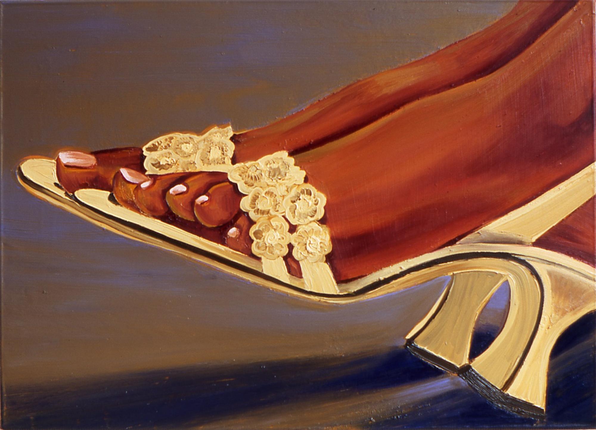 Schilderij van een voet in een gouden muiltje, geïnspireerd op Assepoester, met warme rood- en goudtinten