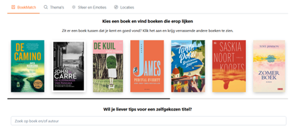 De foto toont een aantal boeken binnen de zoekfunctie BoekMatch van de inspiratietool Welkboek.