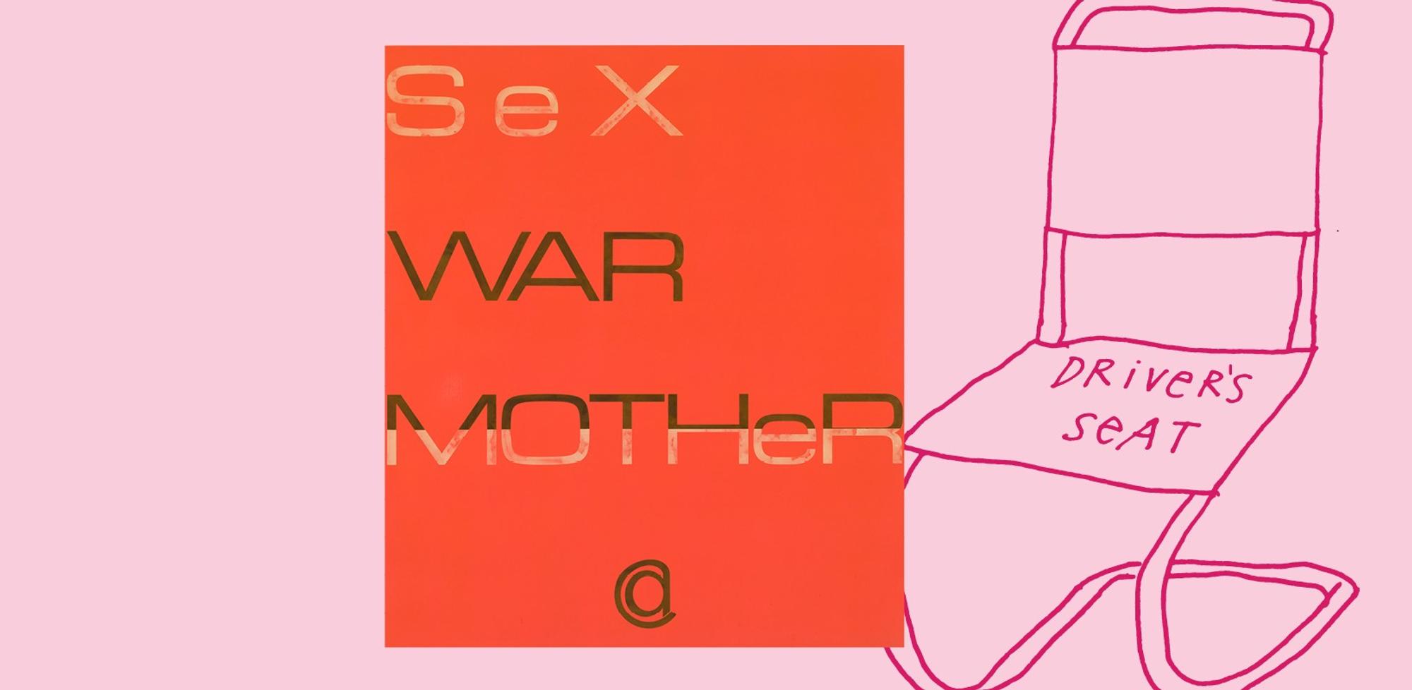 Aankondigingsbeeld expositie 'Sex War Mother' van Driver's Seat. Links een roze en rood vlak met de titel van de expositie, rechts een illustratie van een stoel met daarop de tekst 'Driver’s Seat'.