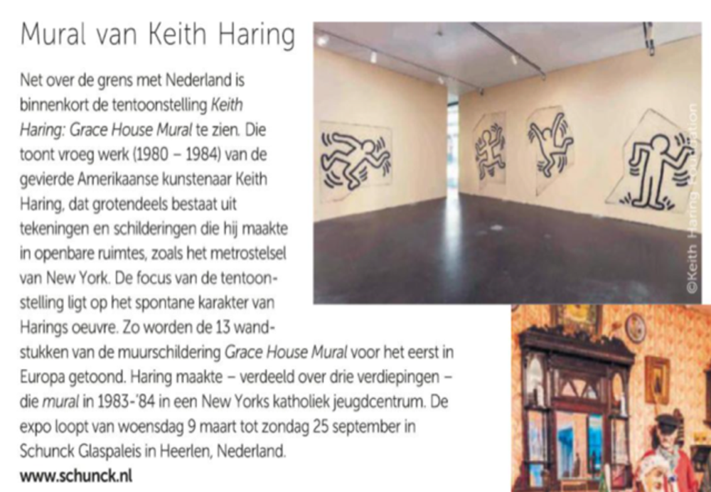 Poster met tekst: "Mural van Keith Haring. Tentoonstelling Keith Haring: Grace House Mural. Jonge werken (1980-1984) van Keith Haring, met focus op een grote muurschildering. Te zien van 7 maart tot 25 september in Schunck Glaspaleis, Heerlen, Nederland. www.schunck.nl."