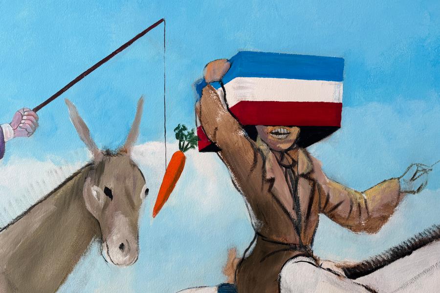 een schildering van een ezel met wortel en daarnaast een persoon met een doos op zijn hoofd met de nederlandse vlag