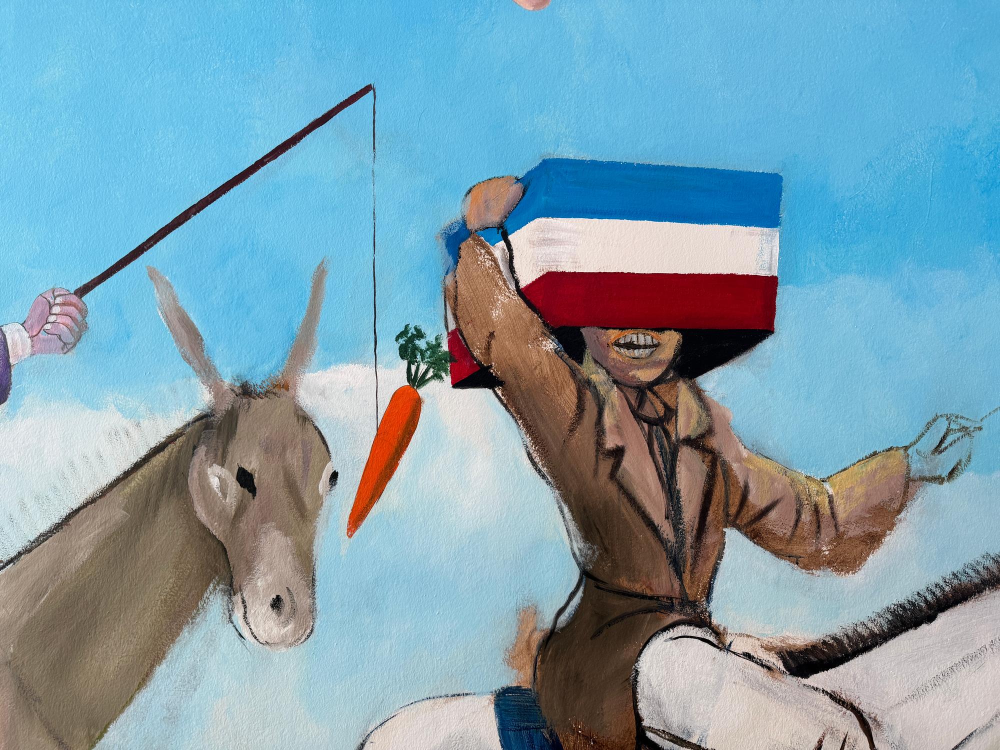 een schildering van een ezel met wortel en daarnaast een persoon met een doos op zijn hoofd met de nederlandse vlag