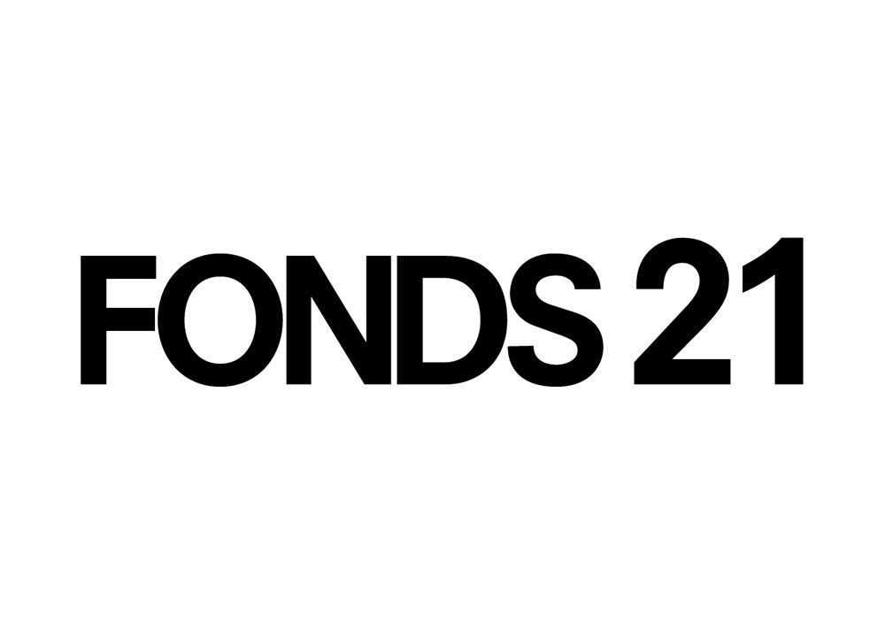 Logo van Fonds 21 met de naam in strakke zwarte hoofdletters tegen een witte achtergrond.