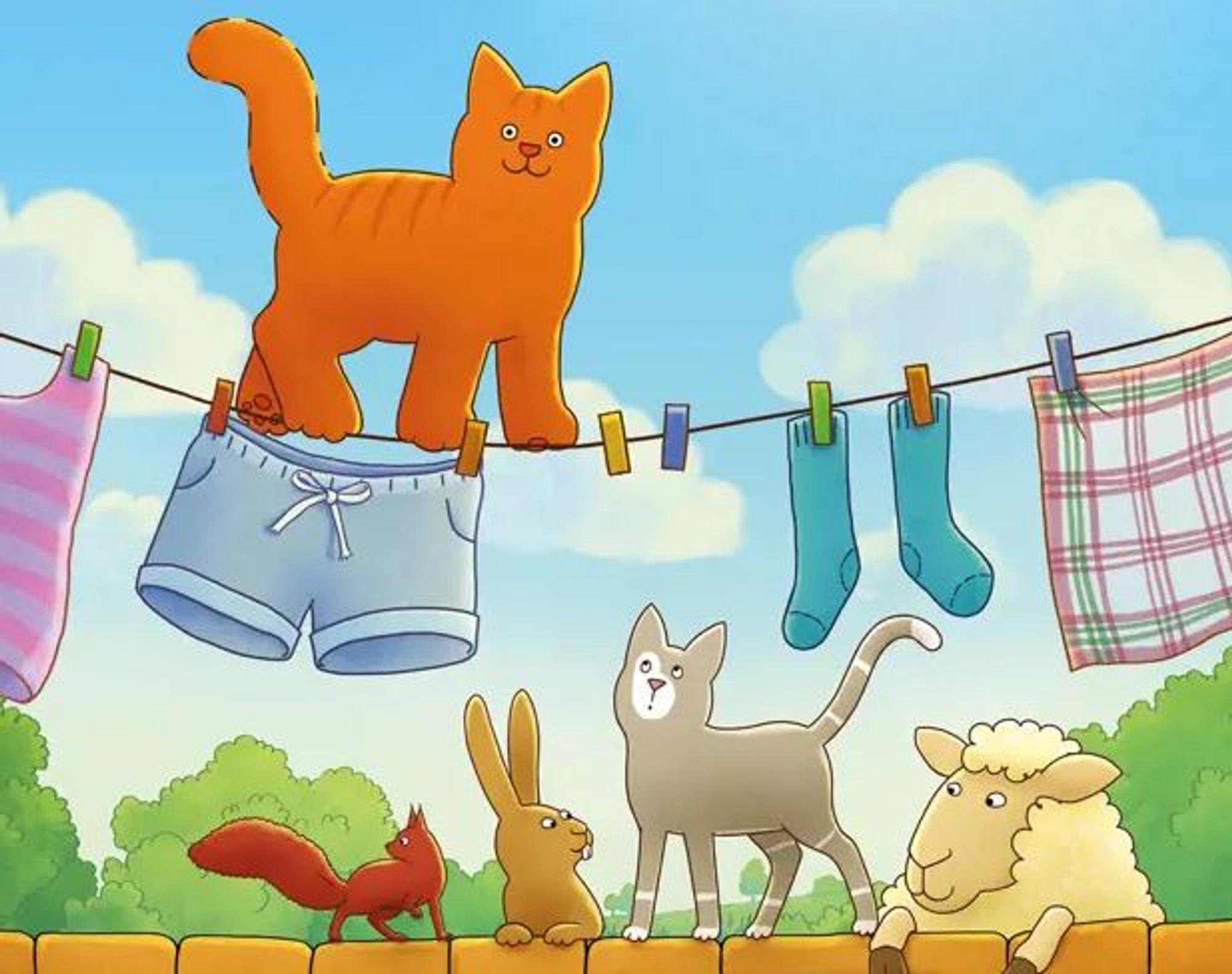 Een afbeelding van de rode kater Dikkie Dik die over een gevulde waslijn loopt. Op de grond staan wat vriendjes zoals een eekhoorn, konijn, andere kat en een schaap die over een hek kijken.