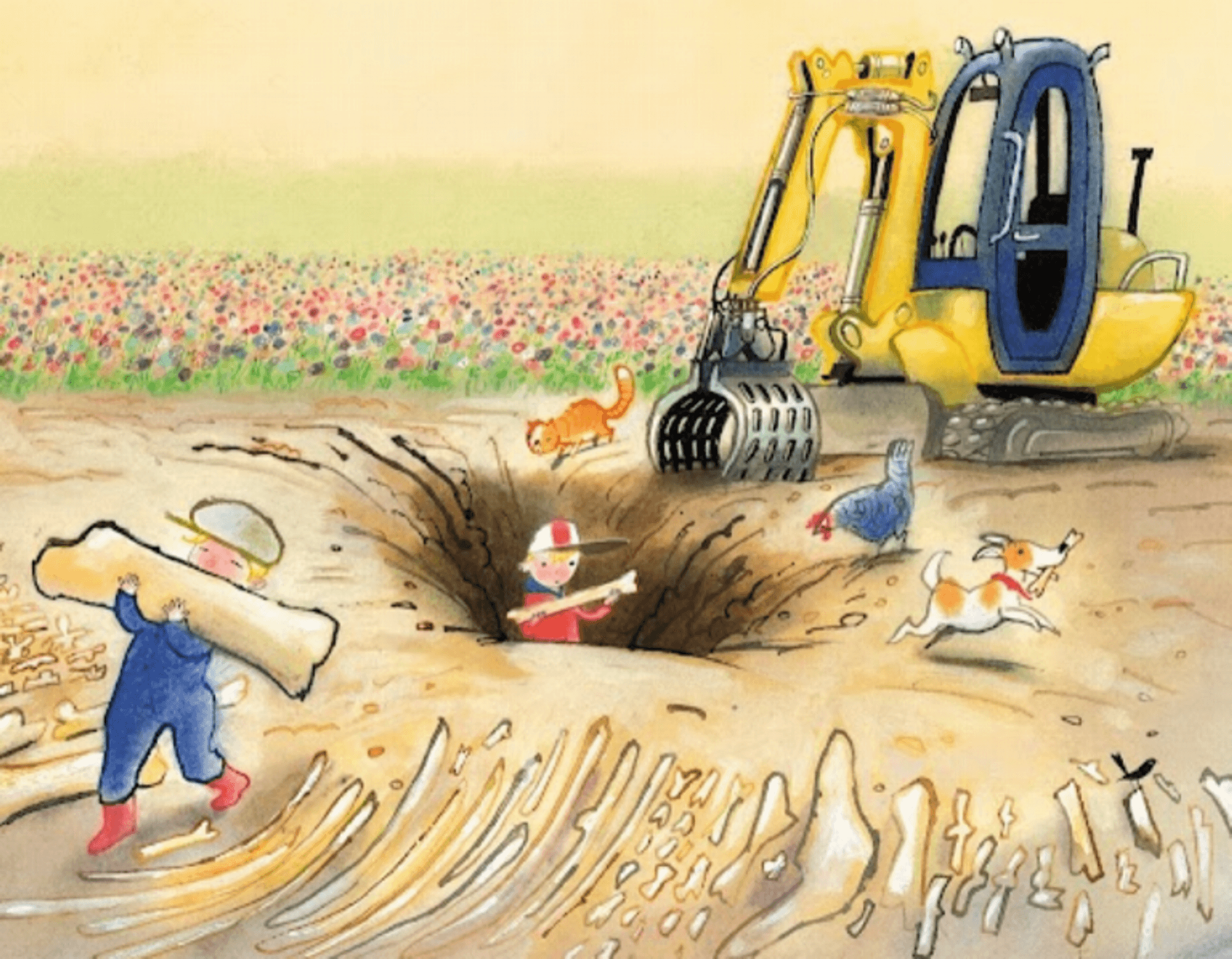 Illustratie van twee figuren die botten uit een gat in de grond halen. Op de achtergrond staat een tractor en er lopen een kip, hond en kat.