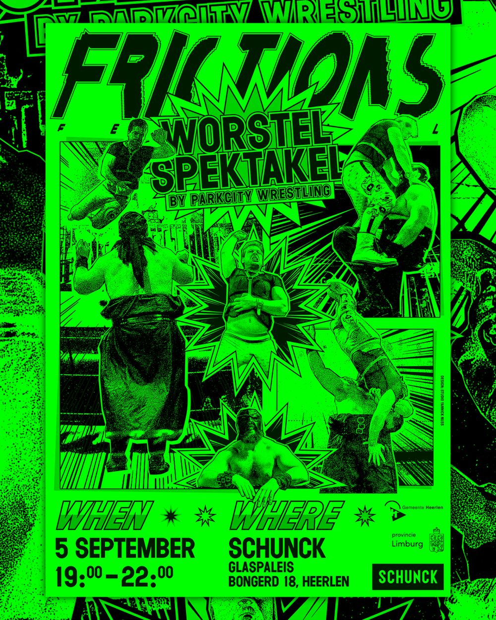Groene promotieposter voor het Frictions Festival met de titel "WORSTELSPEKTAKEL", georganiseerd door Parkcity Wrestling. Het evenement vindt plaats op 5 september van 19:00 tot 22:00 uur bij SCHUNCK Glaspaleis, Bongerd 18 in Heerlen. De poster bevat decoratieve elementen en een opvallend grafisch ontwerp.