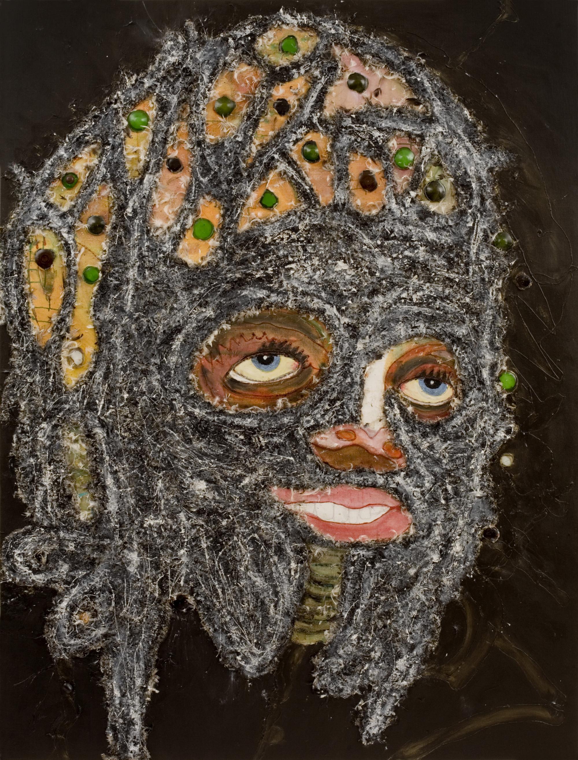 Gemengd-techniek schilderij van Rik Meijers met een expressief gezicht, opgebouwd uit donkere materialen en reliëfachtige structuren.