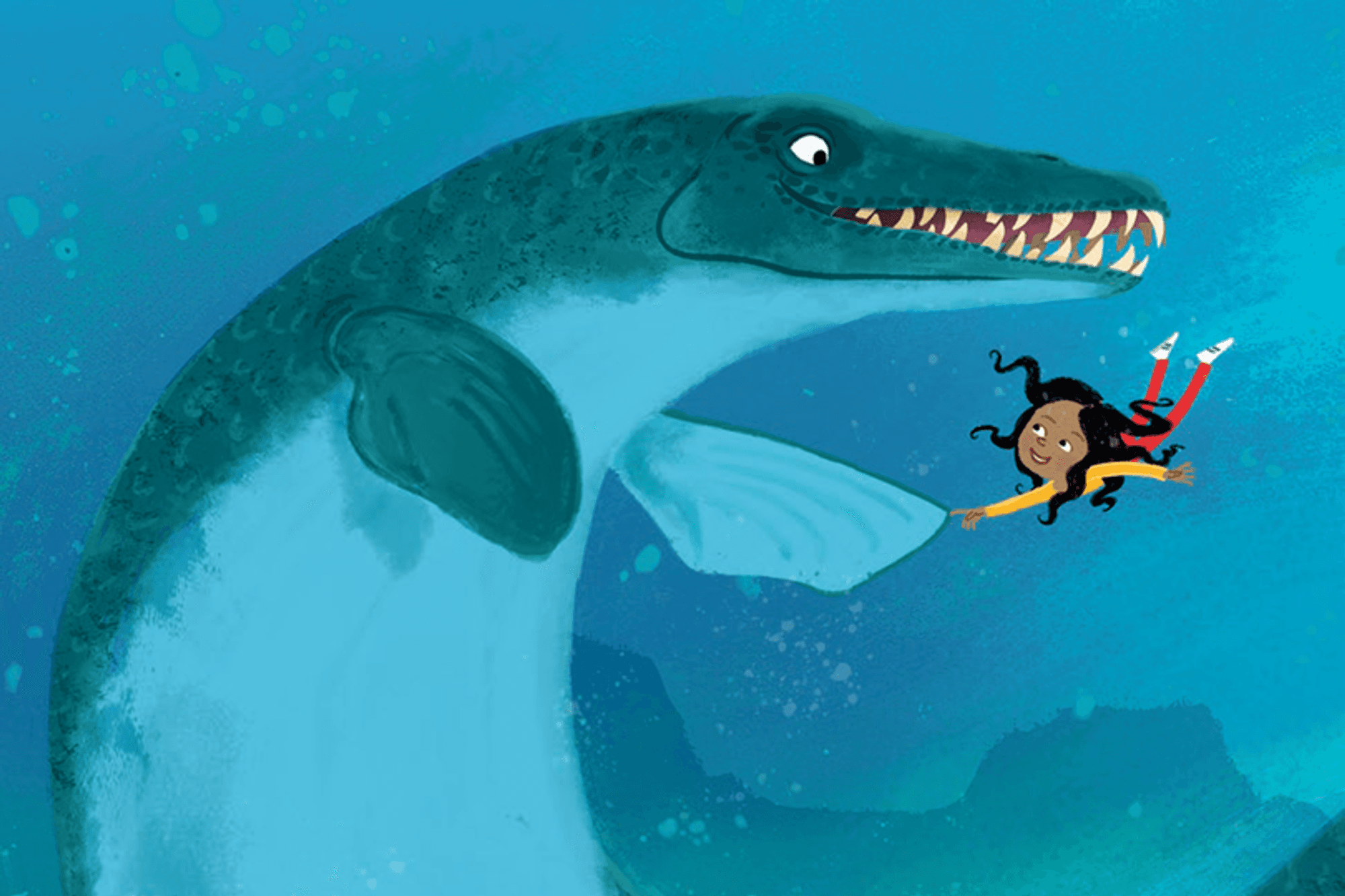 Een prehistorisch zeereptiel met scherpe tanden komt uit het water en grijpt een persoon met rode broek en gele schoenen. De achtergrond toont een onderwaterscène in blauwe tinten met rotsachtige vormen.